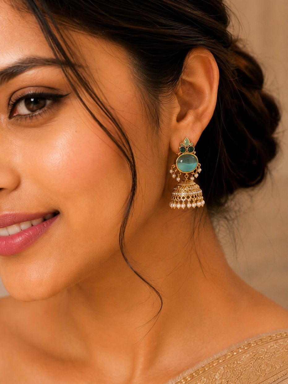 Pearl Drop Intricated Detailing Mehendi Plated Jhumka