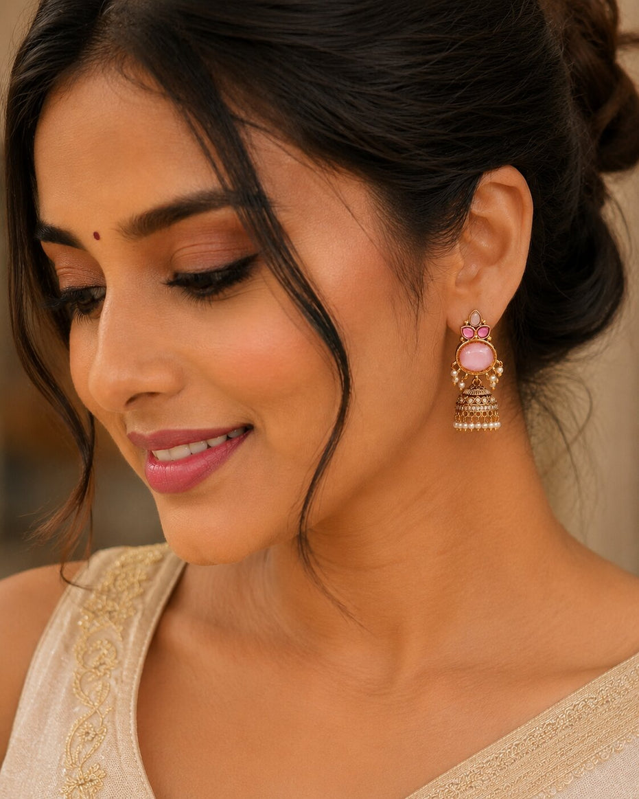 Pearl Drop Intricated Detailing Mehendi Plated Jhumka