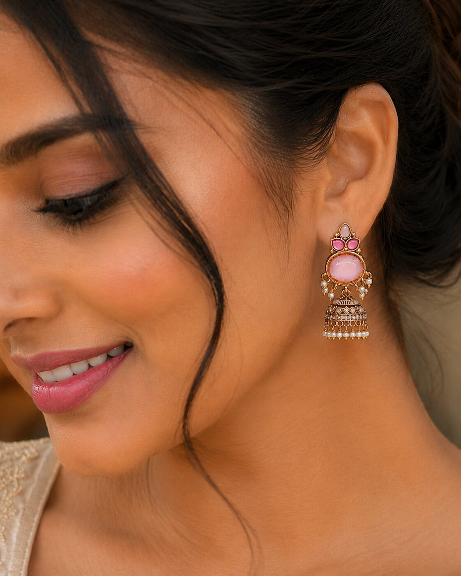 Pearl Drop Intricated Detailing Mehendi Plated Jhumka