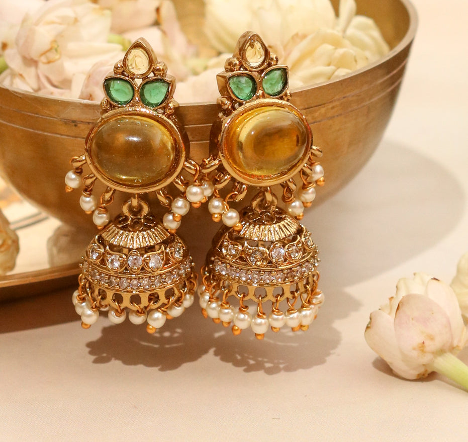 Pearl Drop Intricated Detailing Mehendi Plated Jhumka