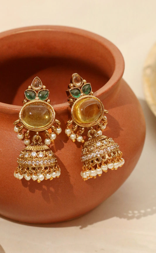 Pearl Drop Intricated Detailing Mehendi Plated Jhumka