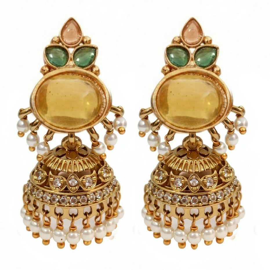 Pearl Drop Intricated Detailing Mehendi Plated Jhumka