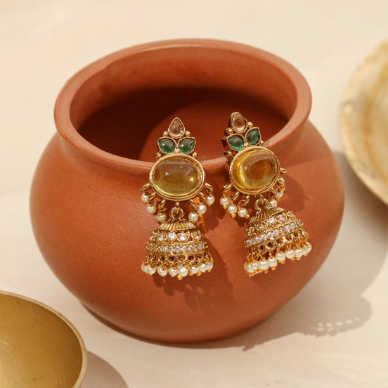 Pearl Drop Intricated Detailing Mehendi Plated Jhumka