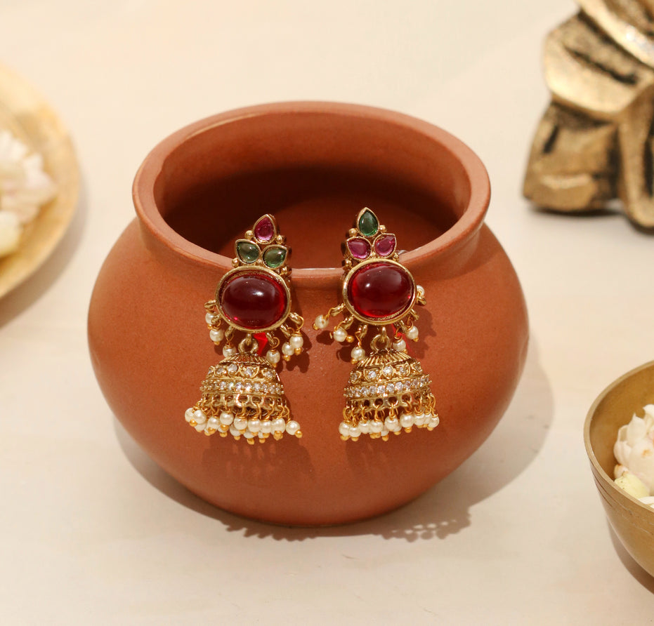 Pearl Drop Intricated Detailing Mehendi Plated Jhumka