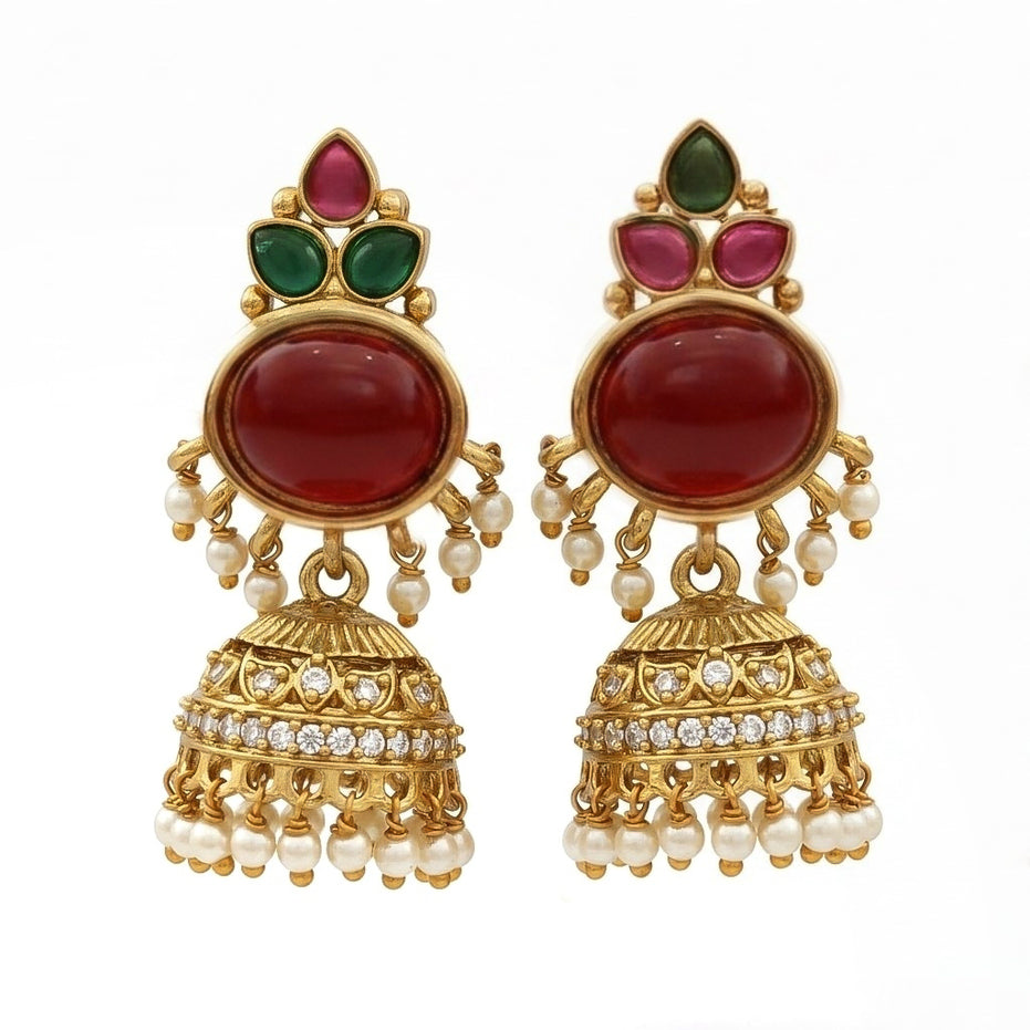 Pearl Drop Intricated Detailing Mehendi Plated Jhumka