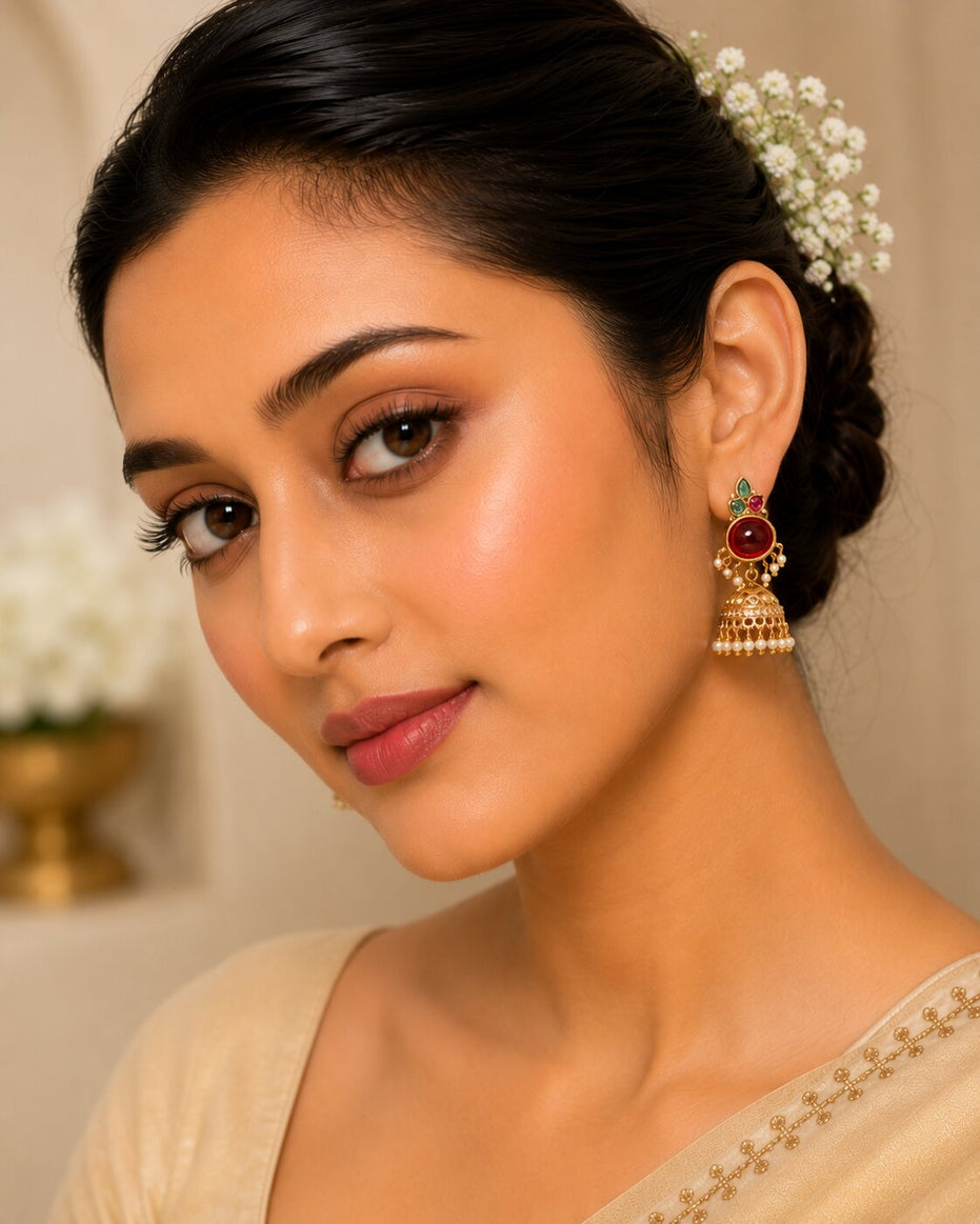 Pearl Drop Intricated Detailing Mehendi Plated Jhumka