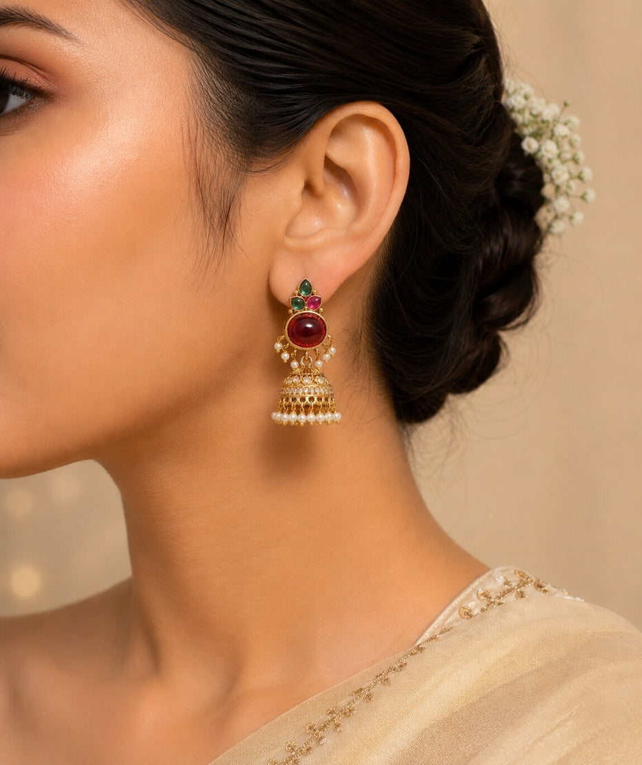 Pearl Drop Intricated Detailing Mehendi Plated Jhumka