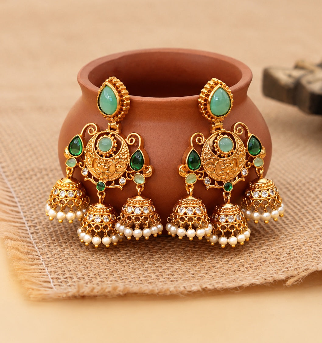 Mehendi Plated Traditional Jhumka Earrings with Floral Filigree, Circular Medallion, Teardrop and Lattice Pattern