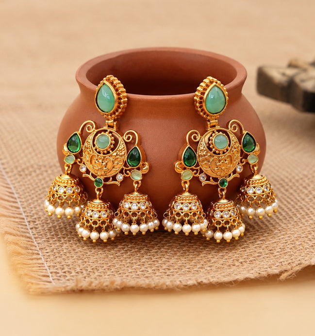 Mehendi Plated Traditional Jhumka Earrings with Floral Filigree, Circular Medallion, Teardrop and Lattice Pattern