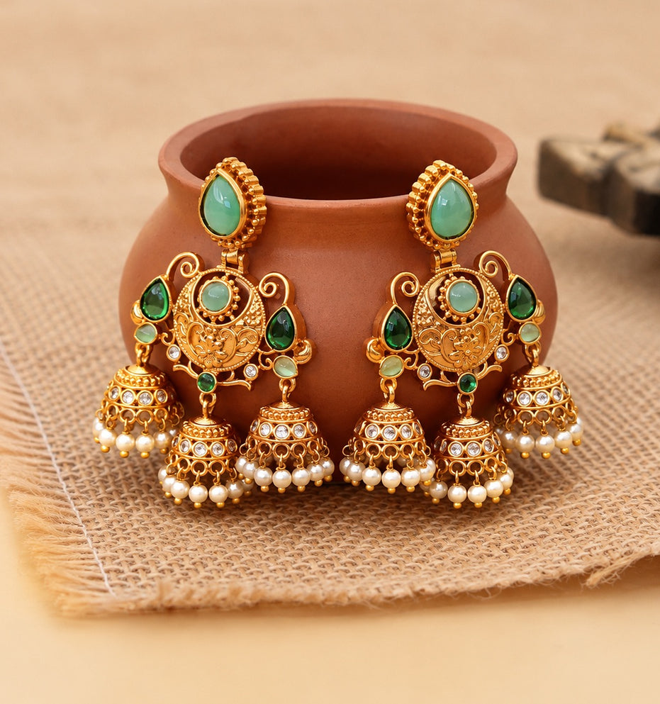 Mehendi Plated Traditional Jhumka Earrings with Floral Filigree, Circular Medallion, Teardrop and Lattice Pattern