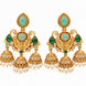 Mehendi Plated Traditional Jhumka Earrings with Floral Filigree, Circular Medallion, Teardrop and Lattice Pattern