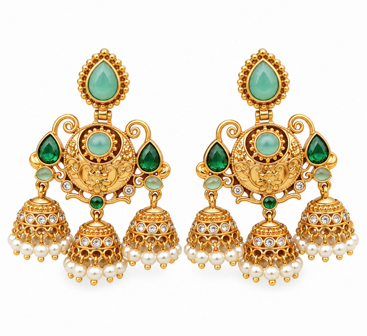 Mehendi Plated Traditional Jhumka Earrings with Floral Filigree, Circular Medallion, Teardrop and Lattice Pattern