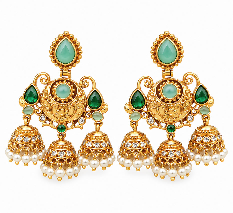 Mehendi Plated Traditional Jhumka Earrings with Floral Filigree, Circular Medallion, Teardrop and Lattice Pattern