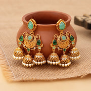 Mehendi Plated Traditional Jhumka Earrings with Floral Filigree, Circular Medallion, Teardrop and Lattice Pattern