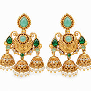 Mehendi Plated Traditional Jhumka Earrings with Floral Filigree, Circular Medallion, Teardrop and Lattice Pattern