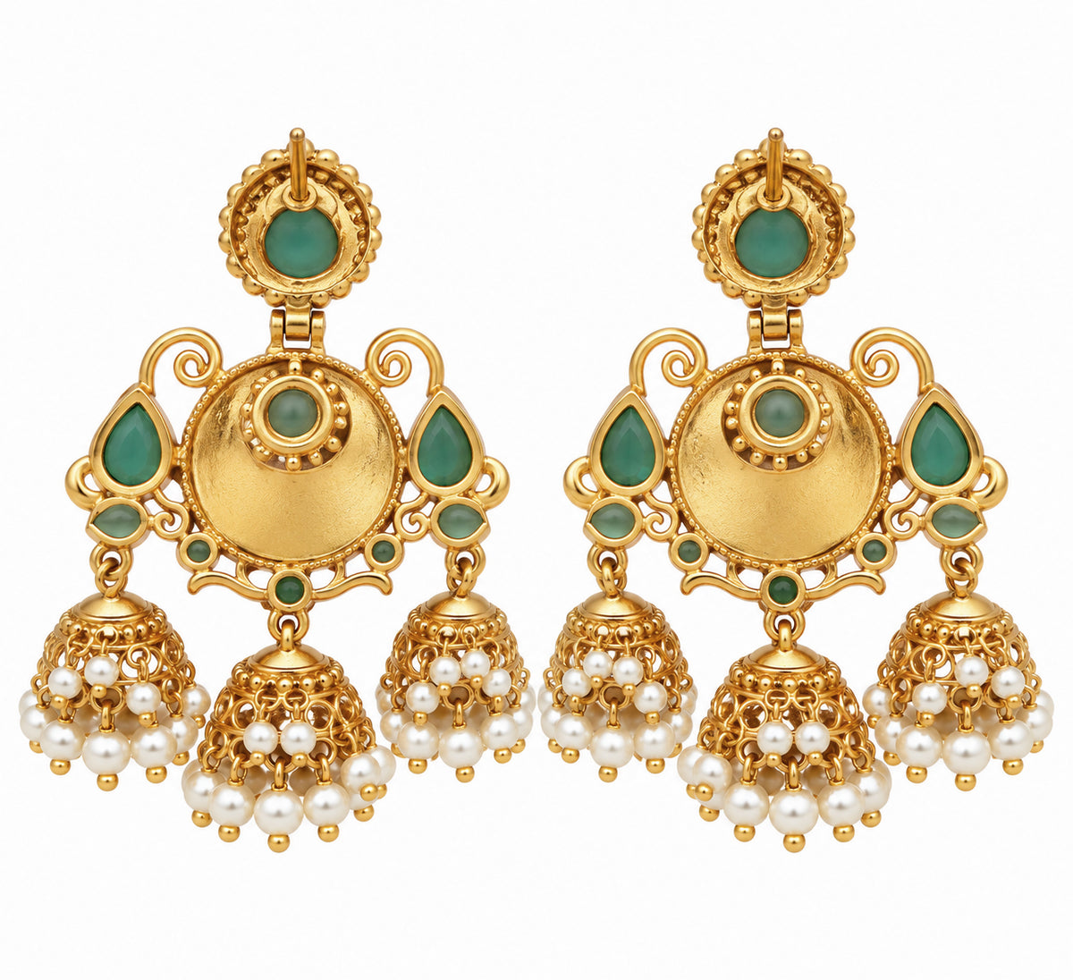 Mehendi Plated Traditional Jhumka Earrings with Floral Filigree, Circular Medallion, Teardrop and Lattice Pattern