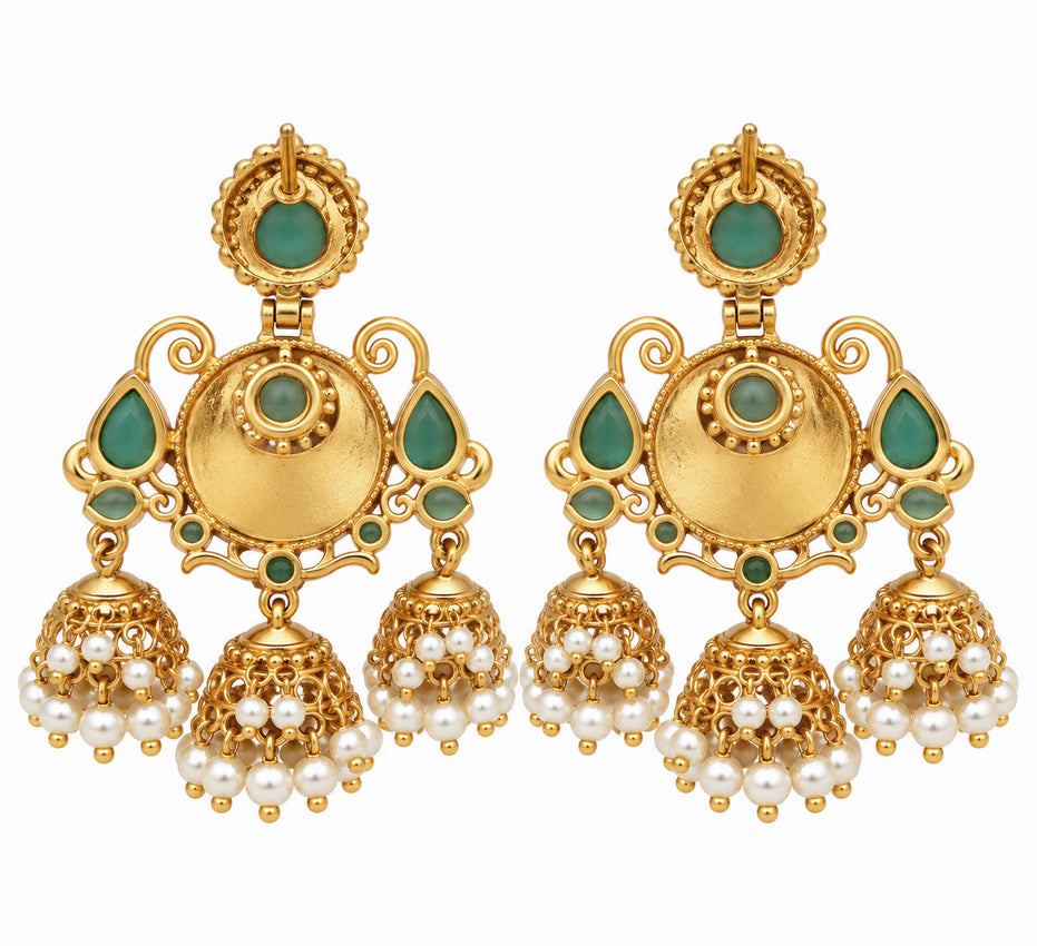 Mehendi Plated Traditional Jhumka Earrings with Floral Filigree, Circular Medallion, Teardrop and Lattice Pattern