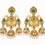 Mehendi Plated Traditional Jhumka Earrings with Floral Filigree, Circular Medallion, Teardrop and Lattice Pattern