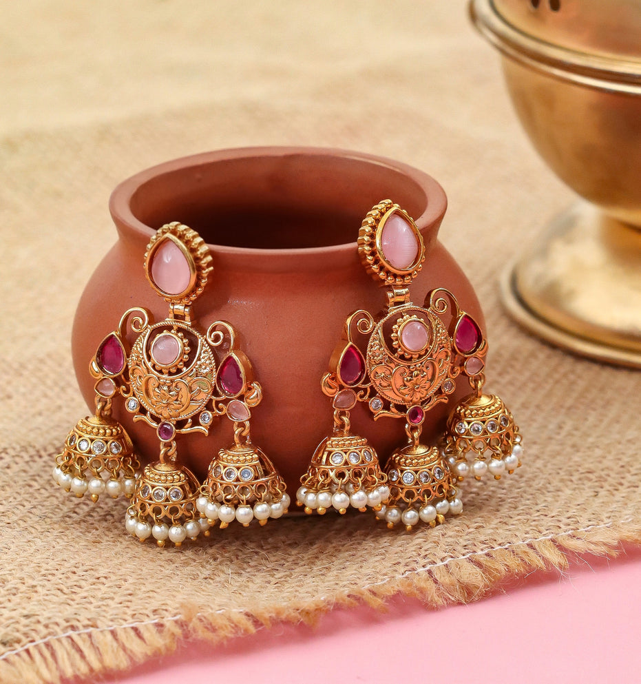 Mehendi Plated Traditional Jhumka Earrings with Floral Filigree, Circular Medallion, Teardrop and Lattice Pattern