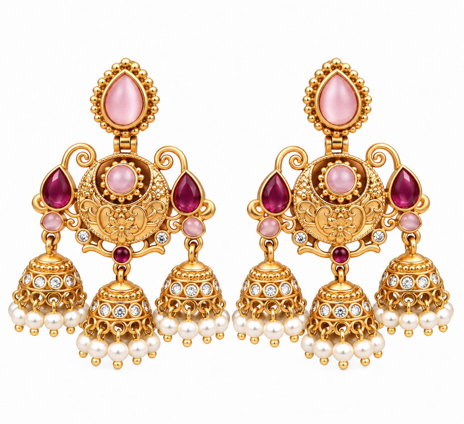 Mehendi Plated Traditional Jhumka Earrings with Floral Filigree, Circular Medallion, Teardrop and Lattice Pattern