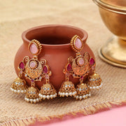 Mehendi Plated Traditional Jhumka Earrings with Floral Filigree, Circular Medallion, Teardrop and Lattice Pattern