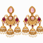 Mehendi Plated Traditional Jhumka Earrings with Floral Filigree, Circular Medallion, Teardrop and Lattice Pattern