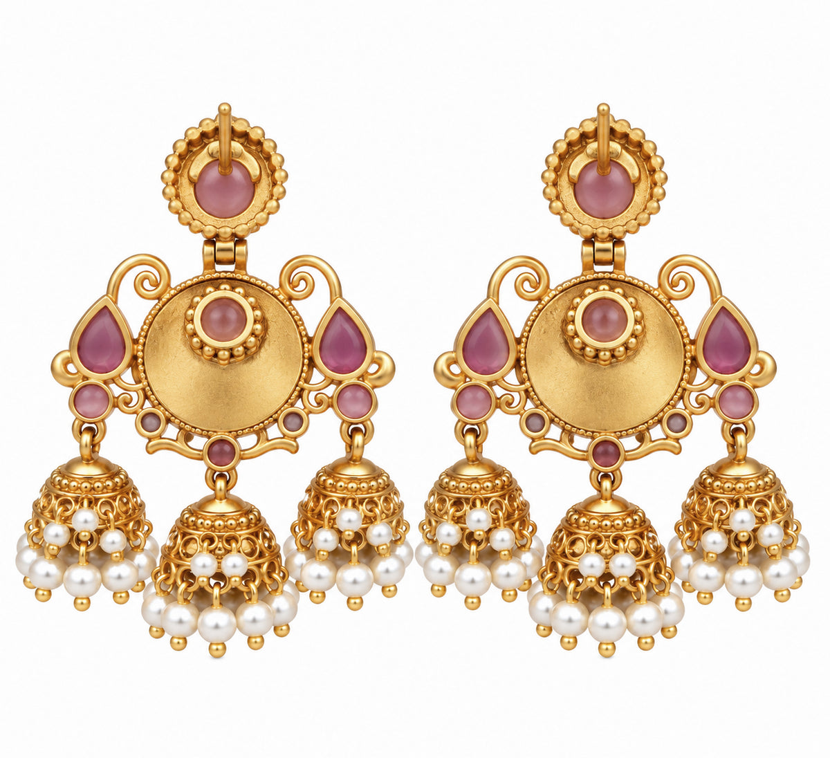 Mehendi Plated Traditional Jhumka Earrings with Floral Filigree, Circular Medallion, Teardrop and Lattice Pattern