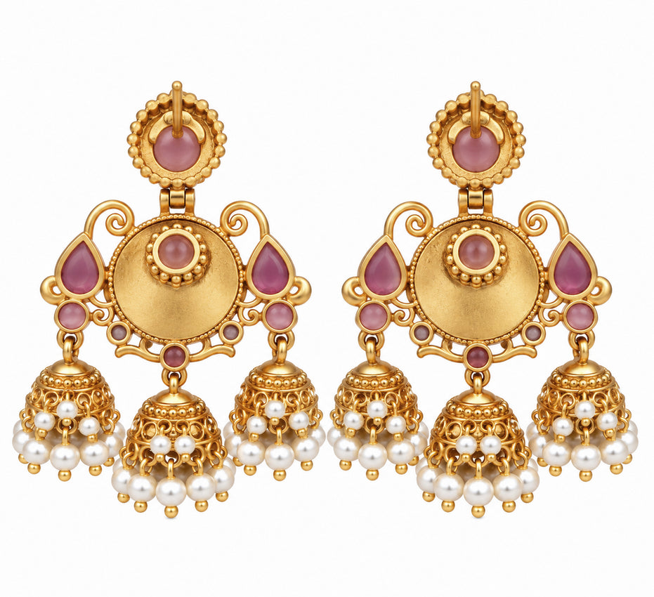 Mehendi Plated Traditional Jhumka Earrings with Floral Filigree, Circular Medallion, Teardrop and Lattice Pattern