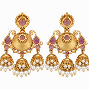 Mehendi Plated Traditional Jhumka Earrings with Floral Filigree, Circular Medallion, Teardrop and Lattice Pattern