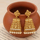 Traditional Temple Jhumka Earrings with Intricate Gopuram Pattern, Carved Architectural Motifs and Pearl Bead Fringe