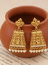 Traditional Temple Jhumka Earrings with Intricate Gopuram Pattern, Carved Architectural Motifs and Pearl Bead Fringe