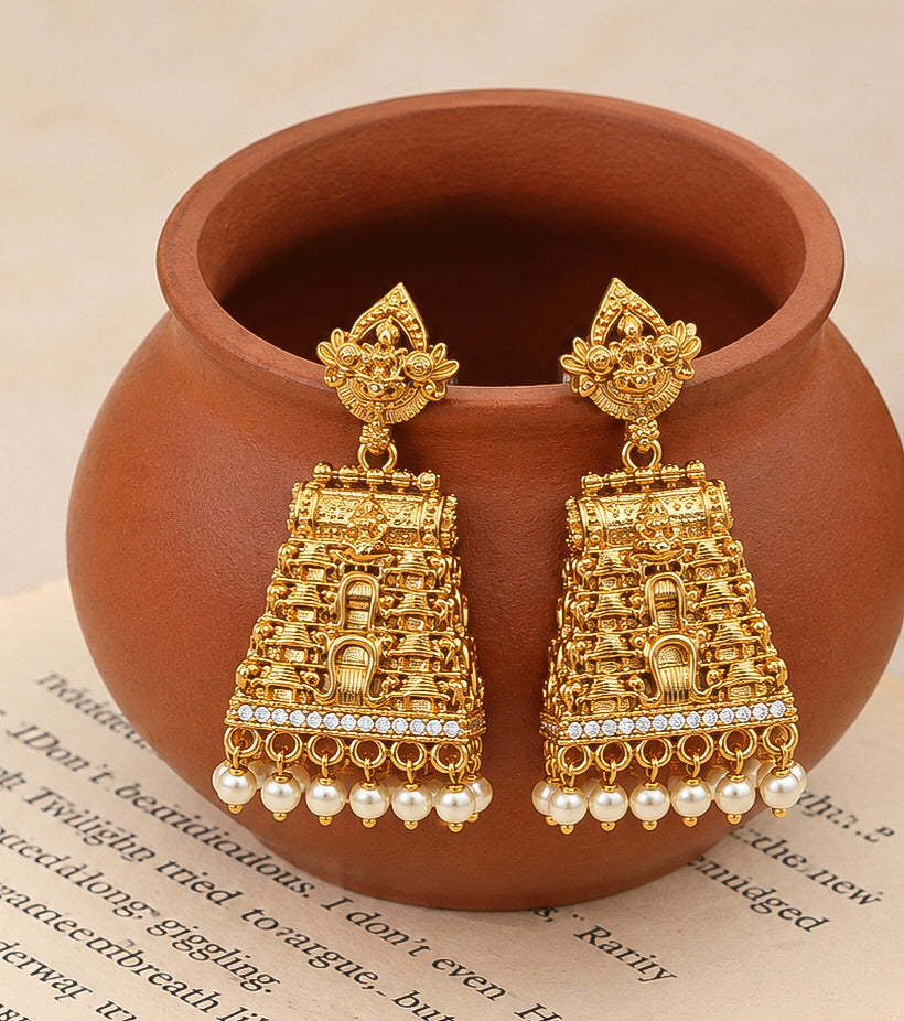 Traditional Temple Jhumka Earrings with Intricate Gopuram Pattern, Carved Architectural Motifs and Pearl Bead Fringe