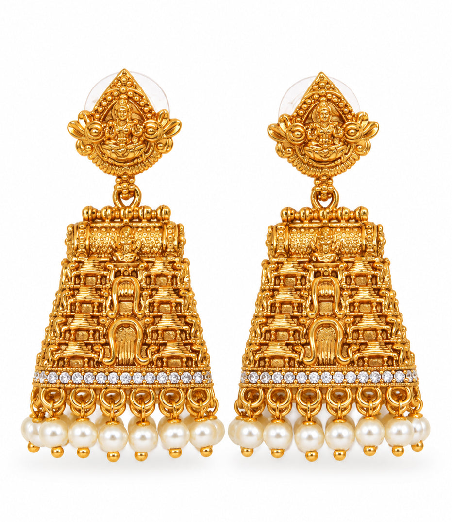 Traditional Temple Jhumka Earrings with Intricate Gopuram Pattern, Carved Architectural Motifs and Pearl Bead Fringe