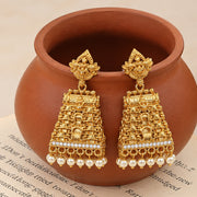 Traditional Temple Jhumka Earrings with Intricate Gopuram Pattern, Carved Architectural Motifs and Pearl Bead Fringe
