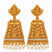 Traditional Temple Jhumka Earrings with Intricate Gopuram Pattern, Carved Architectural Motifs and Pearl Bead Fringe