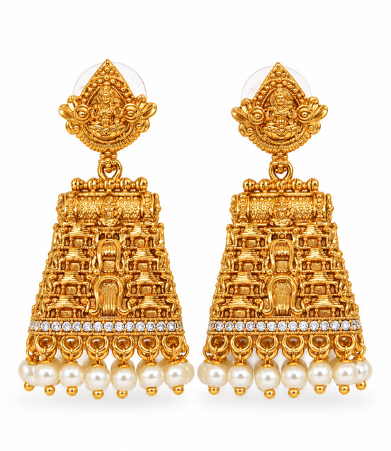 Traditional Temple Jhumka Earrings with Intricate Gopuram Pattern, Carved Architectural Motifs and Pearl Bead Fringe