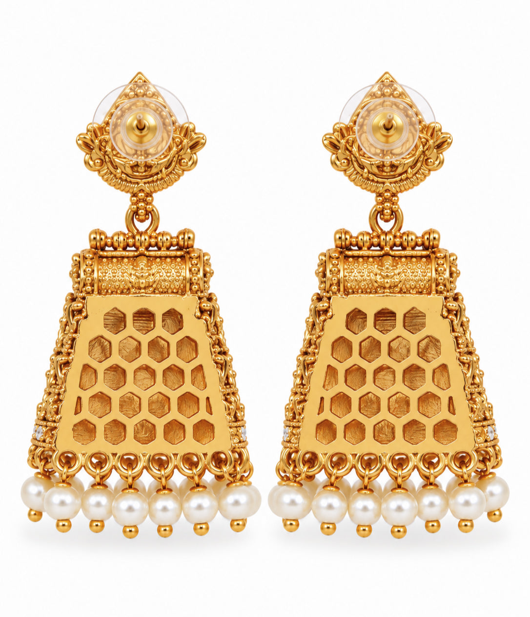 Traditional Temple Jhumka Earrings with Intricate Gopuram Pattern, Carved Architectural Motifs and Pearl Bead Fringe