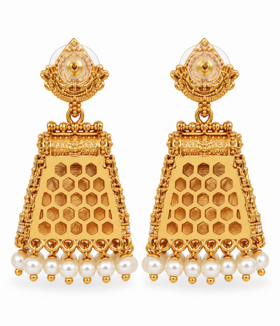 Traditional Temple Jhumka Earrings with Intricate Gopuram Pattern, Carved Architectural Motifs and Pearl Bead Fringe