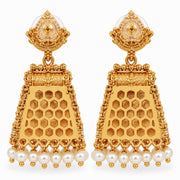 Traditional Temple Jhumka Earrings with Intricate Gopuram Pattern, Carved Architectural Motifs and Pearl Bead Fringe
