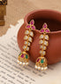 Mehendi Plated Floral Jhumka Earrings with Teardrop Leaf Pattern, Multilayer Stone Embellishments and Pearl Bead Fringe