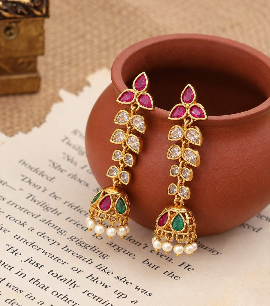 Mehendi Plated Floral Jhumka Earrings with Teardrop Leaf Pattern, Multilayer Stone Embellishments and Pearl Bead Fringe