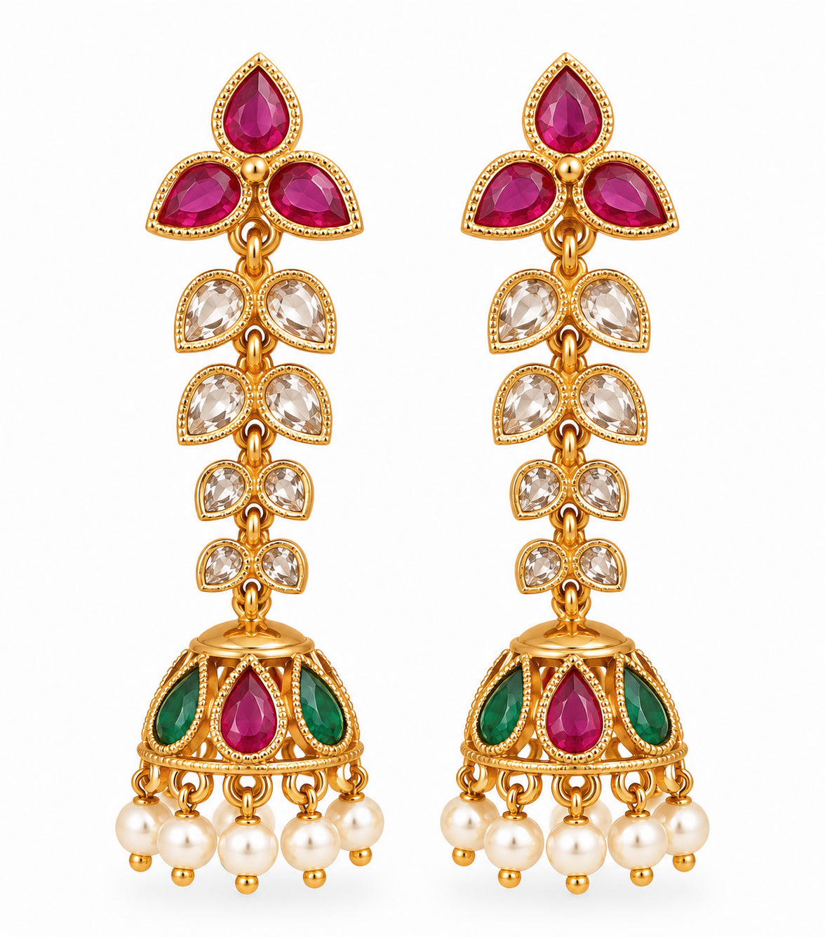 Mehendi Plated Floral Jhumka Earrings with Teardrop Leaf Pattern, Multilayer Stone Embellishments and Pearl Bead Fringe