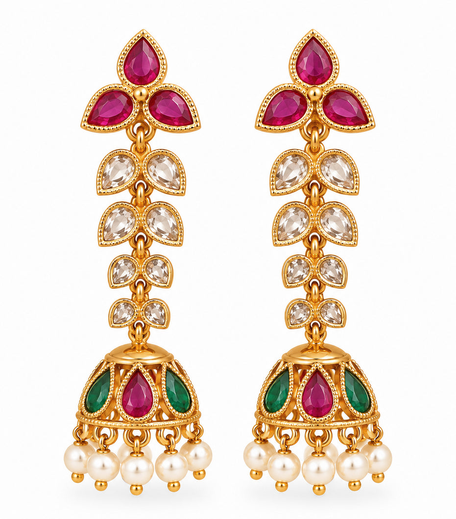 Mehendi Plated Floral Jhumka Earrings with Teardrop Leaf Pattern, Multilayer Stone Embellishments and Pearl Bead Fringe