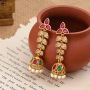 Mehendi Plated Floral Jhumka Earrings with Teardrop Leaf Pattern, Multilayer Stone Embellishments and Pearl Bead Fringe