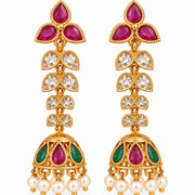 Mehendi Plated Floral Jhumka Earrings with Teardrop Leaf Pattern, Multilayer Stone Embellishments and Pearl Bead Fringe