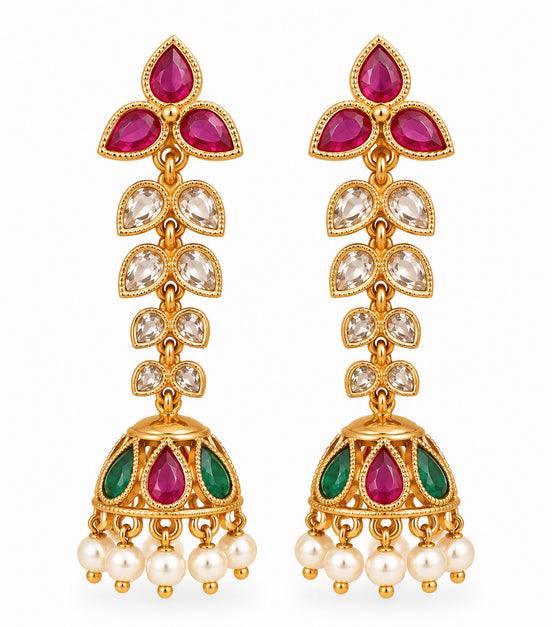 Mehendi Plated Floral Jhumka Earrings with Teardrop Leaf Pattern, Multilayer Stone Embellishments and Pearl Bead Fringe