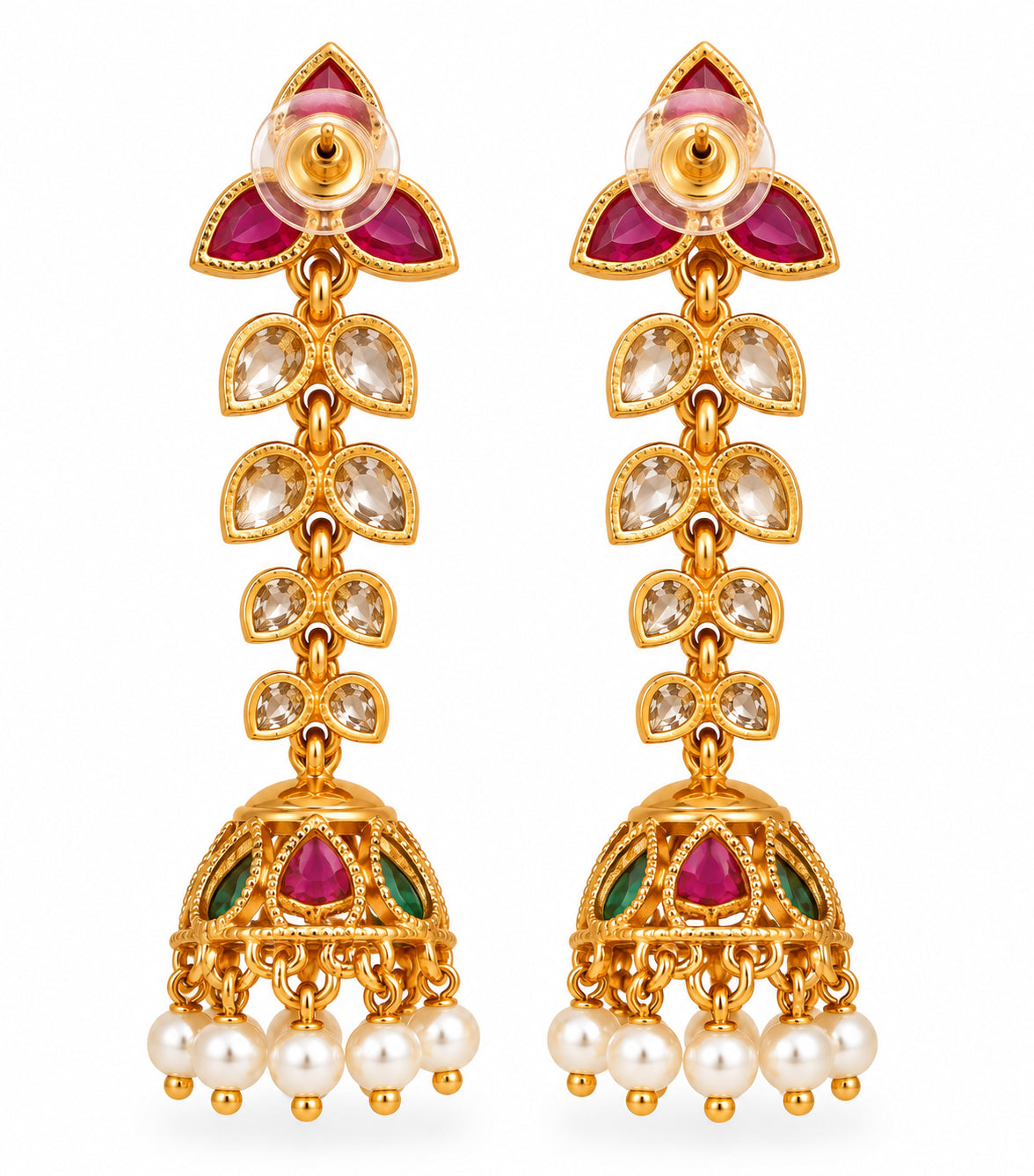 Mehendi Plated Floral Jhumka Earrings with Teardrop Leaf Pattern, Multilayer Stone Embellishments and Pearl Bead Fringe