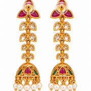 Mehendi Plated Floral Jhumka Earrings with Teardrop Leaf Pattern, Multilayer Stone Embellishments and Pearl Bead Fringe