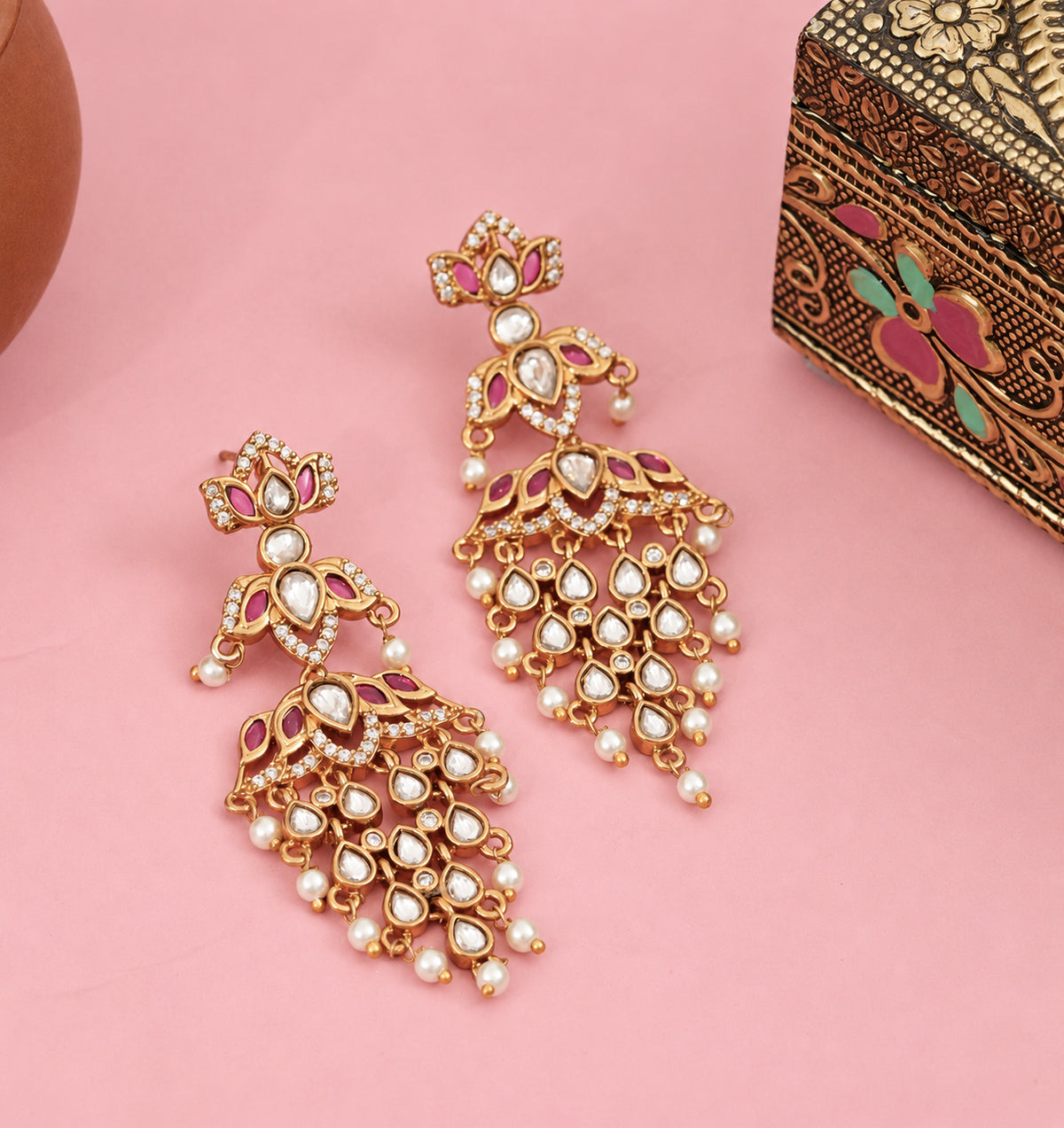 Mehendi Plated Chandbali Jhumka Earrings with Lotus Floral Pattern, Teardrop Motifs and Pearl Fringe