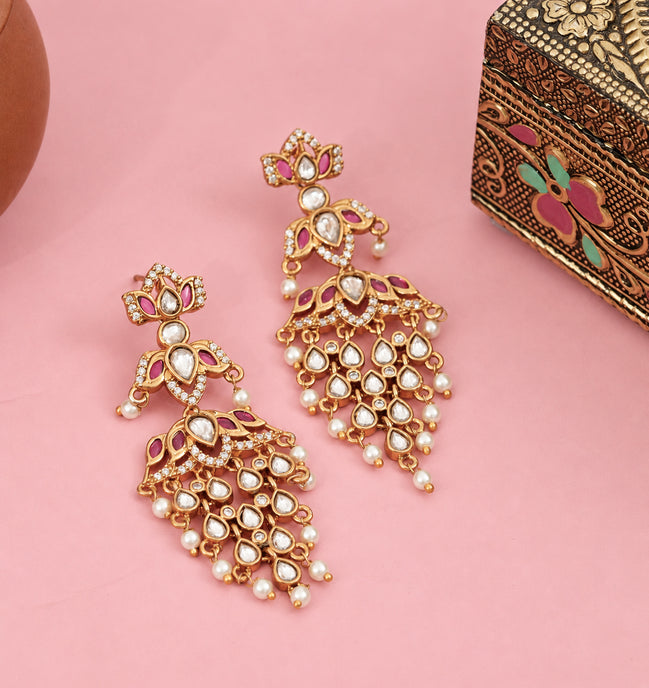 Mehendi Plated Chandbali Jhumka Earrings with Lotus Floral Pattern, Teardrop Motifs and Pearl Fringe